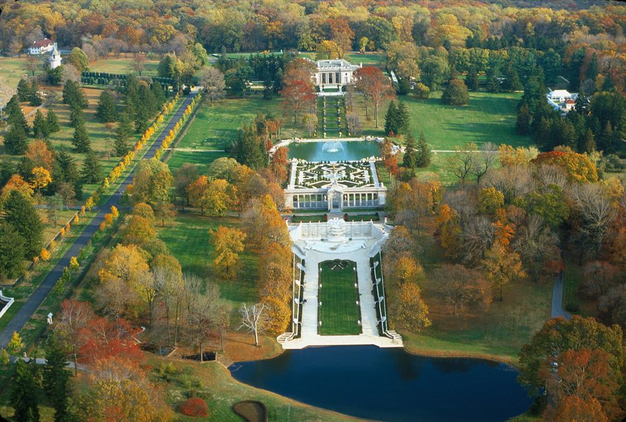 Aerial view of Nemours Mansion and its gardens in Wilmington.