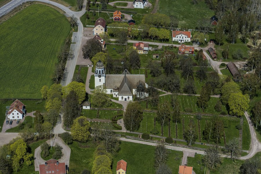 Säby kyrka in the rural landscape near Tranås, seen from above
