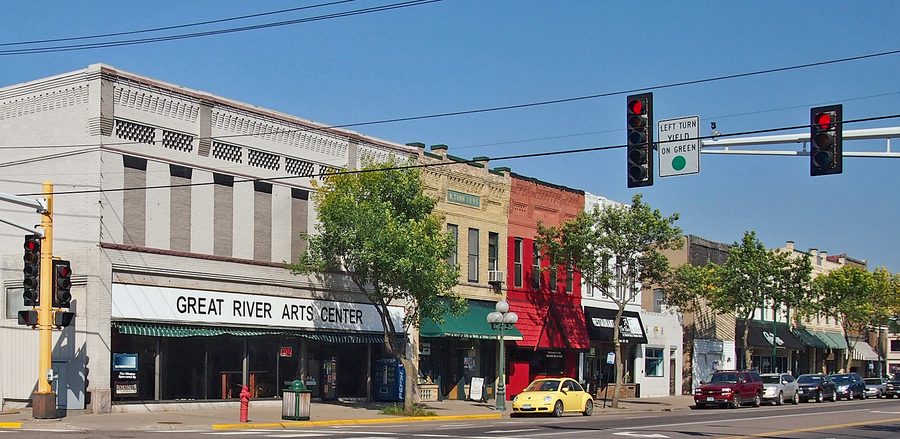 Historic business district on 1st Street in Little Falls, Minnesota
