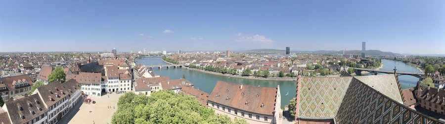 View from Basel Minster toward Münsterplatz, the Rhine, and Basel