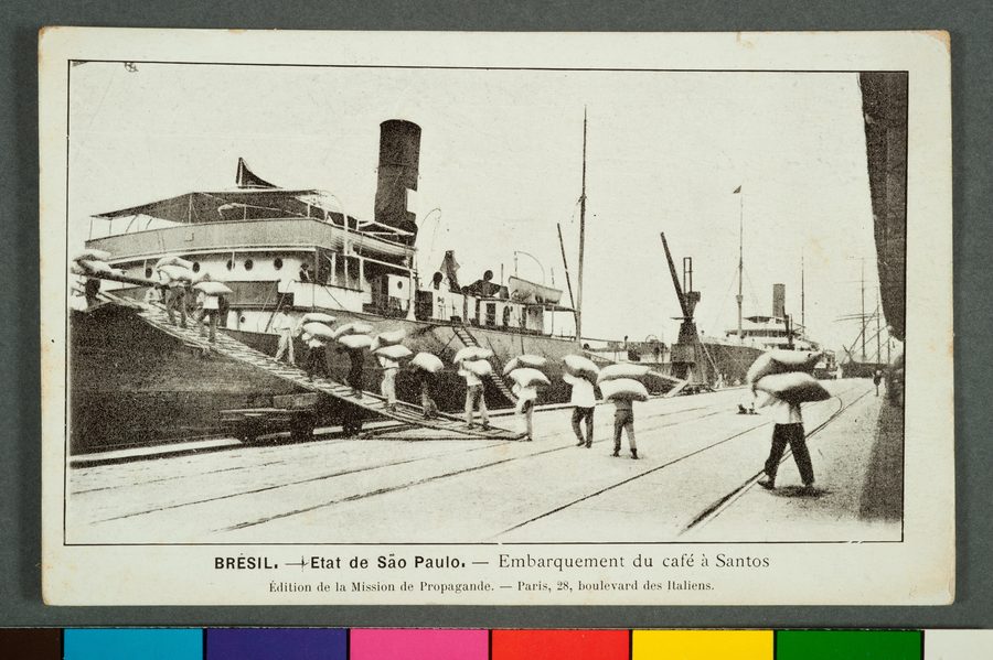 Historical depiction of coffee being shipped in the port of Santos