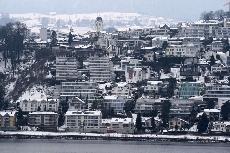 View from Lake Zurich to Wollerau on the upper Lake Zurich