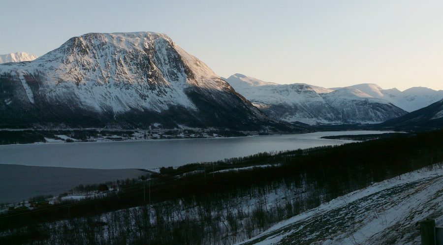 View over the landscape at Balsfjord toward Nordkjosbotn and the mountain Perstinden