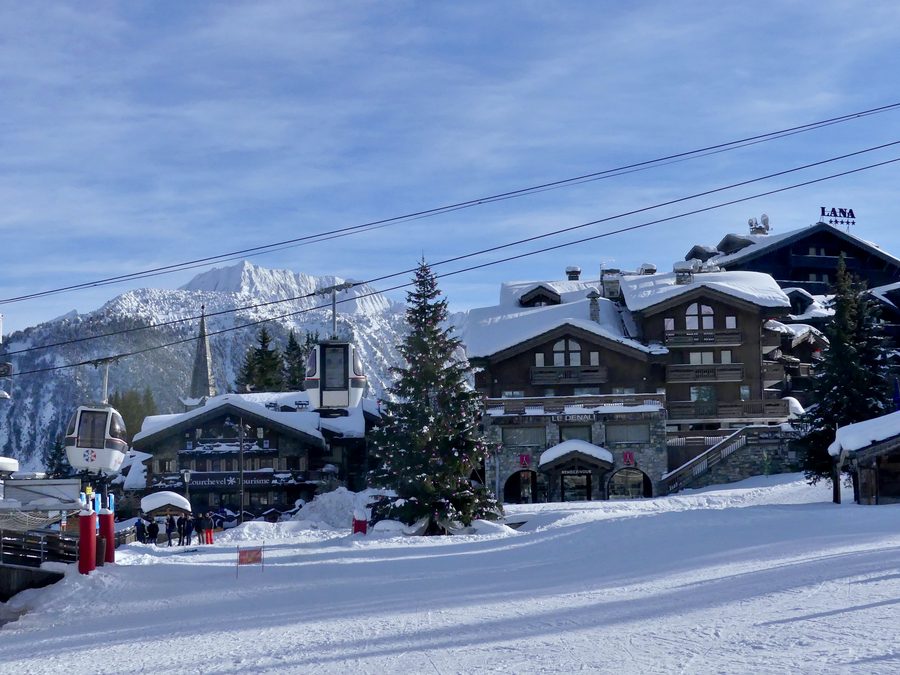 Courchevel 1850 in the morning before Christmas with a snow-covered village center