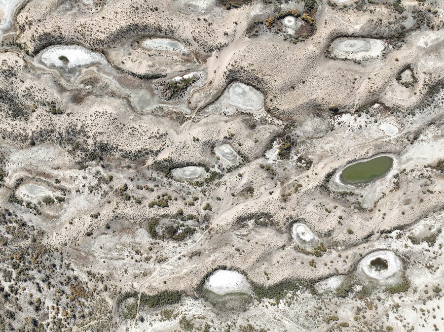Aerial view of salt flats in the Pribalkhash sanctuary near Balkhash, Kazakhstan.