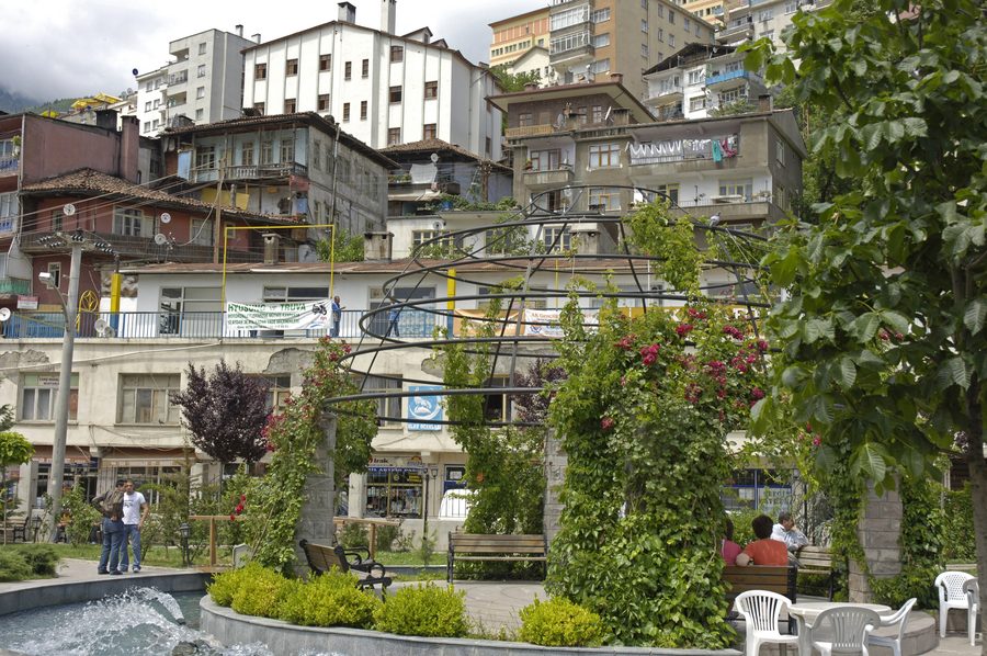 Artvin town built along steep hills with Atapark and a small stream