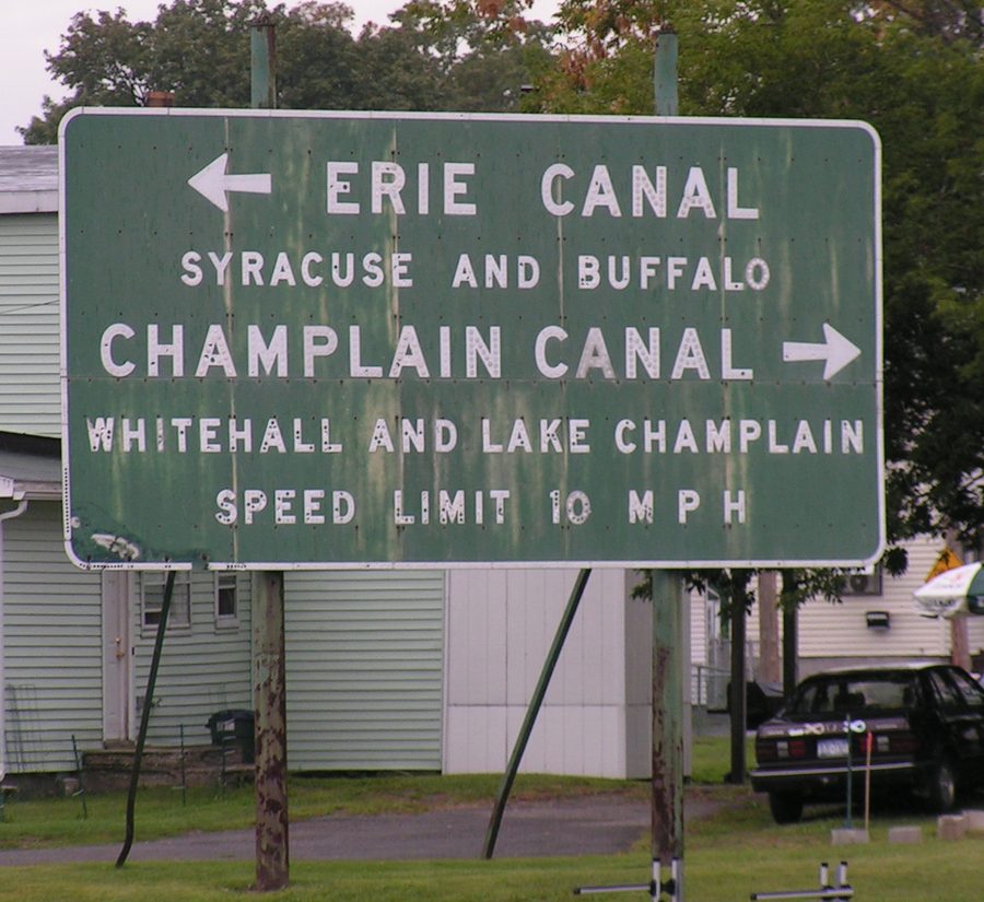 Erie Canal split sign at Waterford, New York
