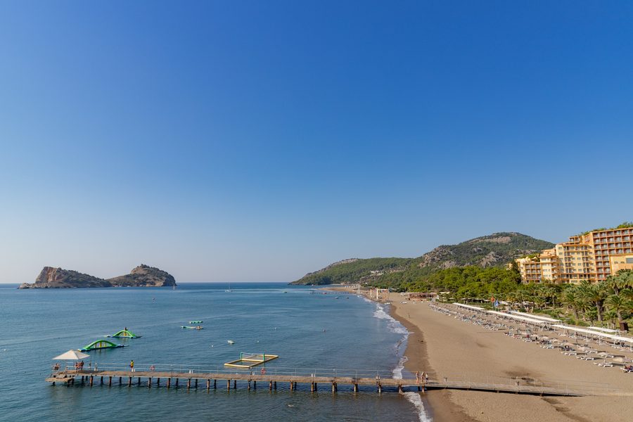 Aerial view of the sandy beach of Sarigerme near Dalaman