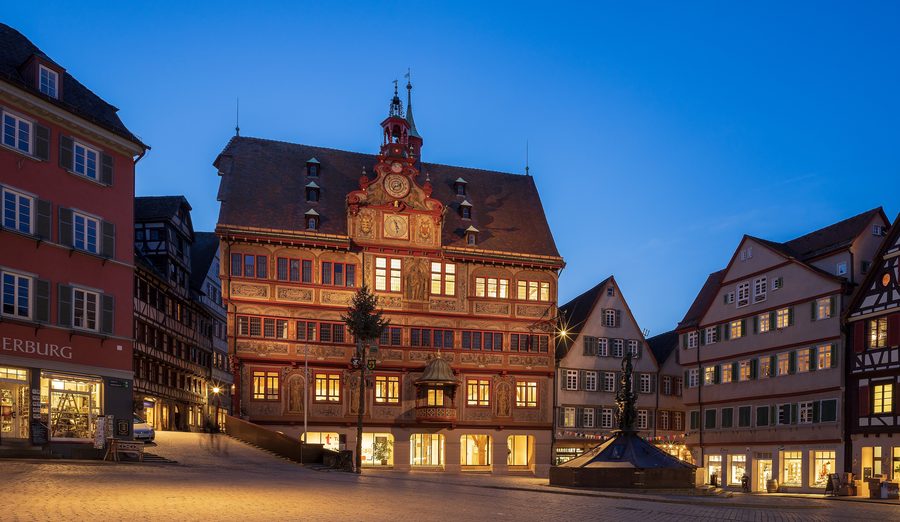 Tübingen market square with the historic town hall at blue hour