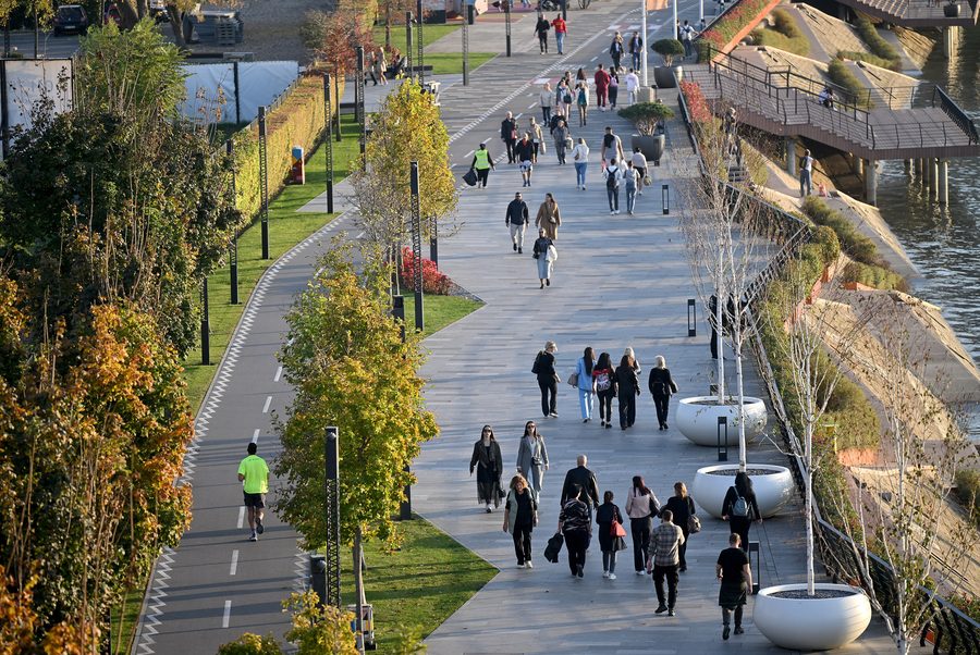 People walking along the Sava promenade in Belgrade