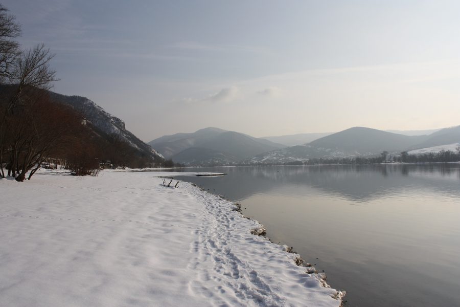 View from Zebegény over the winter Danube Bend with river and wooded hills
