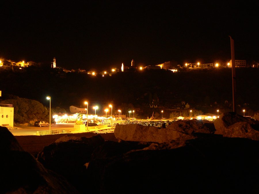 The harbor of Cargèse at night.
