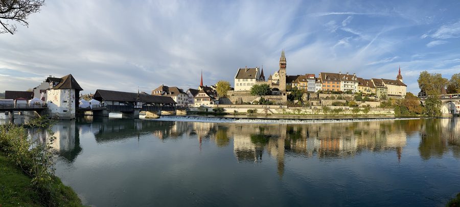 View of the city across the Reuss River in Bremgarten, Aargau