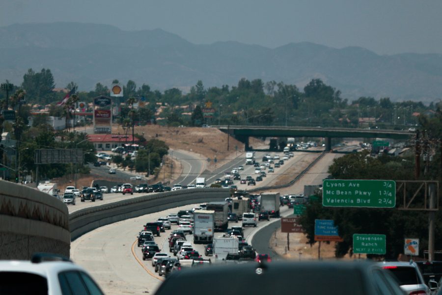 Stevenson Ranch viewed from Interstate 5, with foothills and developed areas in the background
