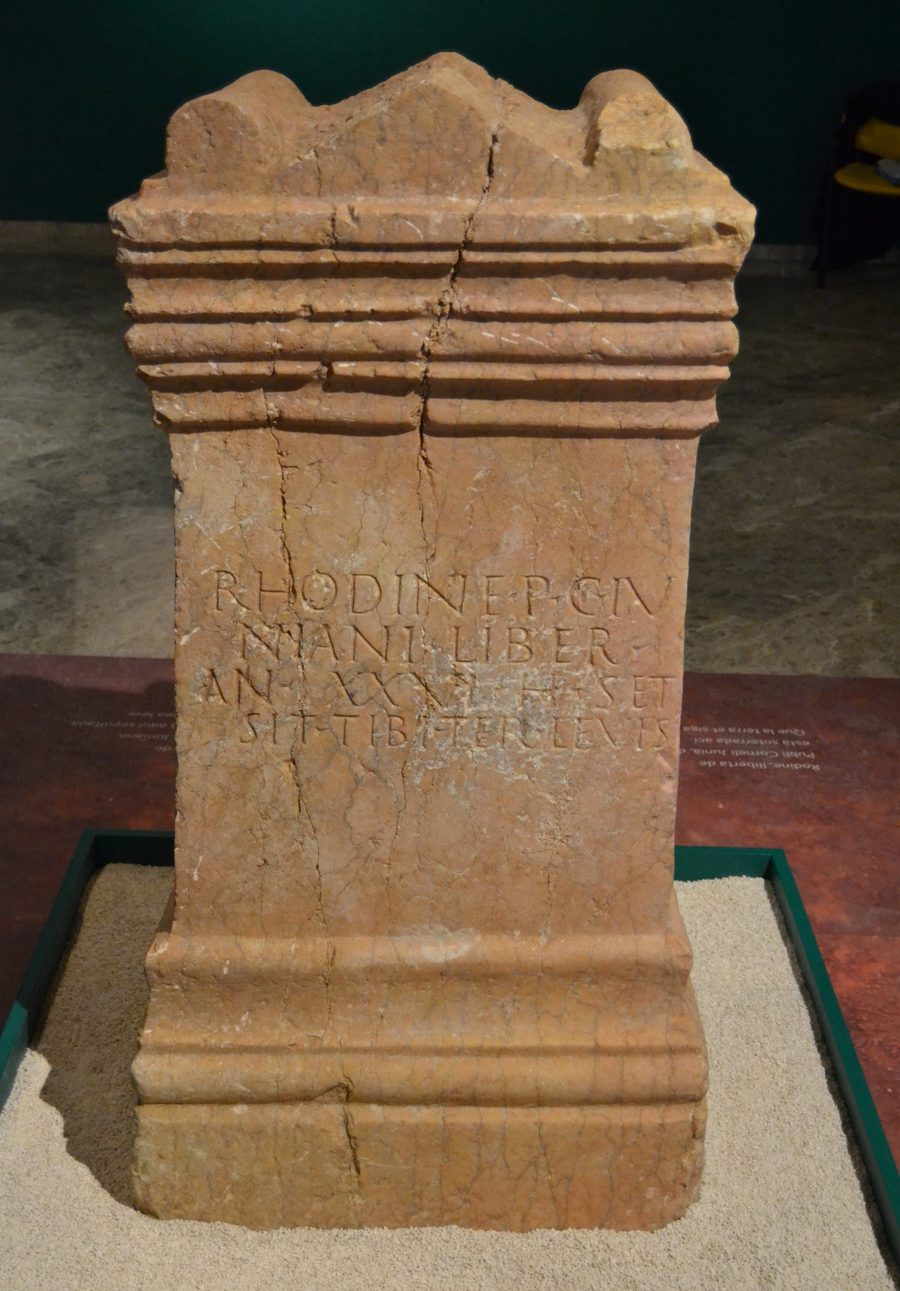 Marble altar with funerary inscription at the Roman villa of Alters or of Cornelius