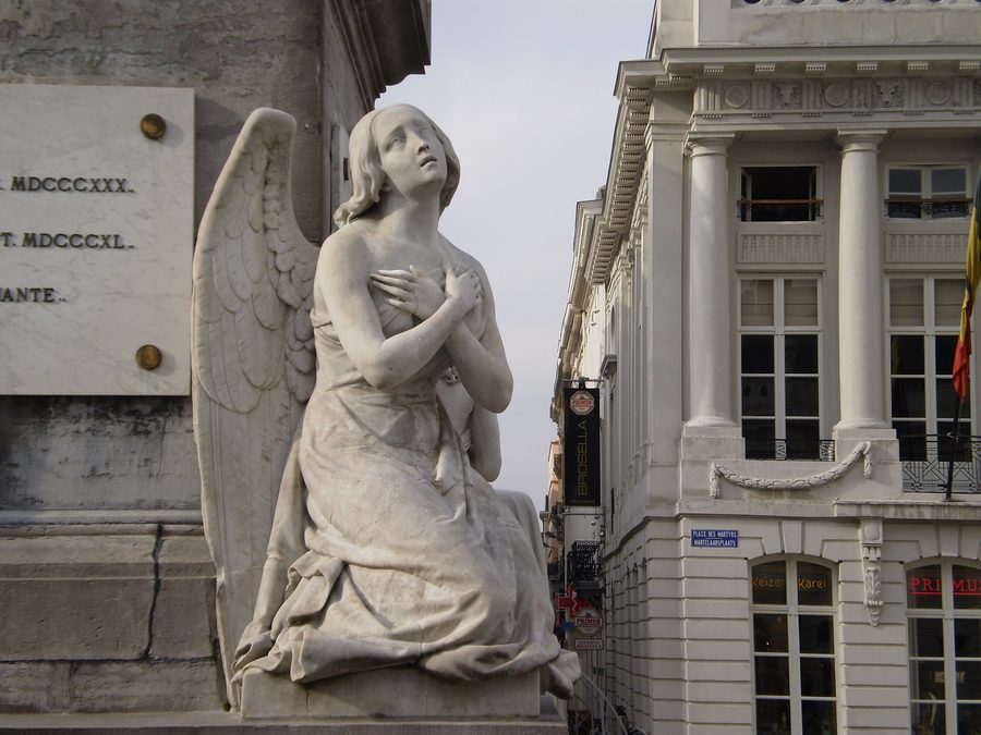 Martyrs' Square in Brussels with its historic monument and surrounding square.