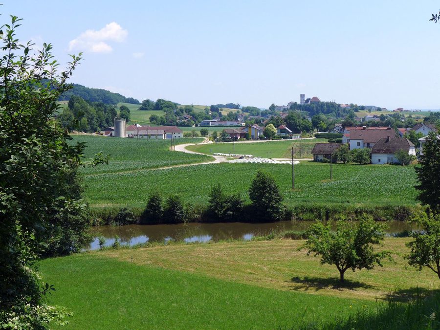 View over the Tobrabach toward Arbing with church tower and castle buildings