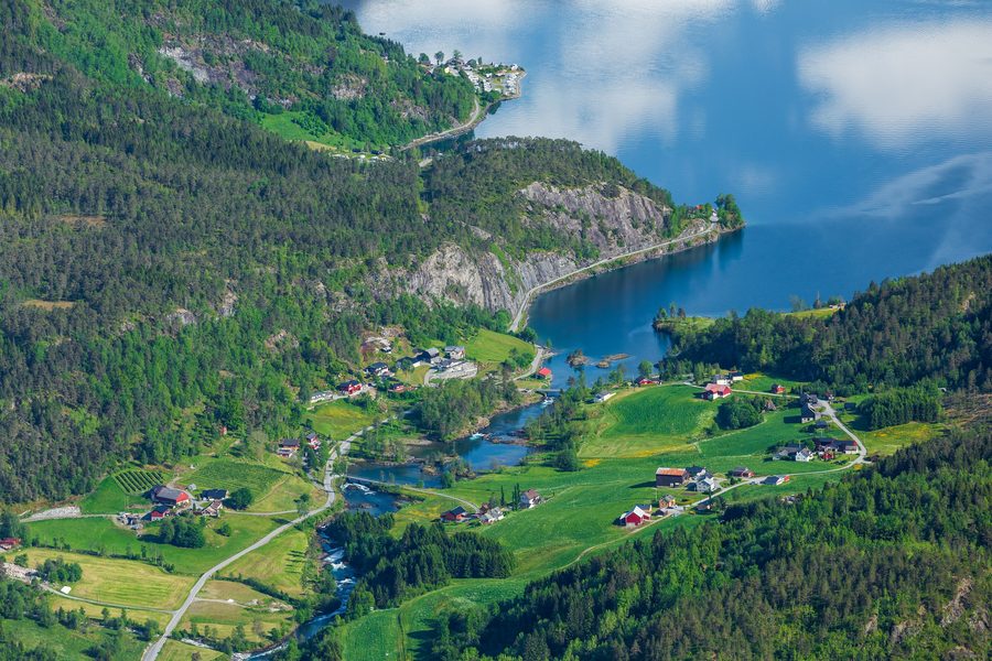 View from Mount Hoven of Sande and Lake Lovatnet near Loen