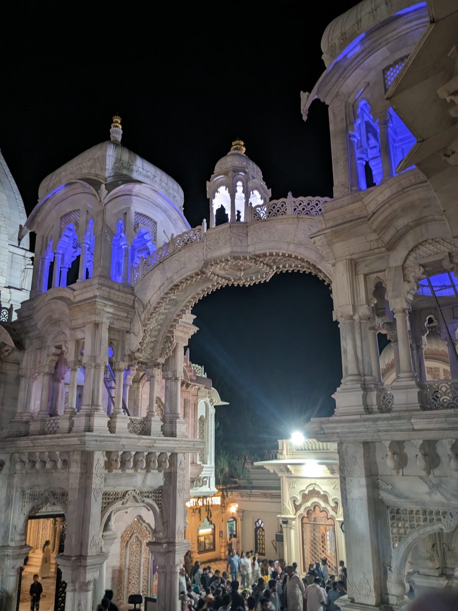 A lively street scene with temples in Mathura and Vrindavan.
