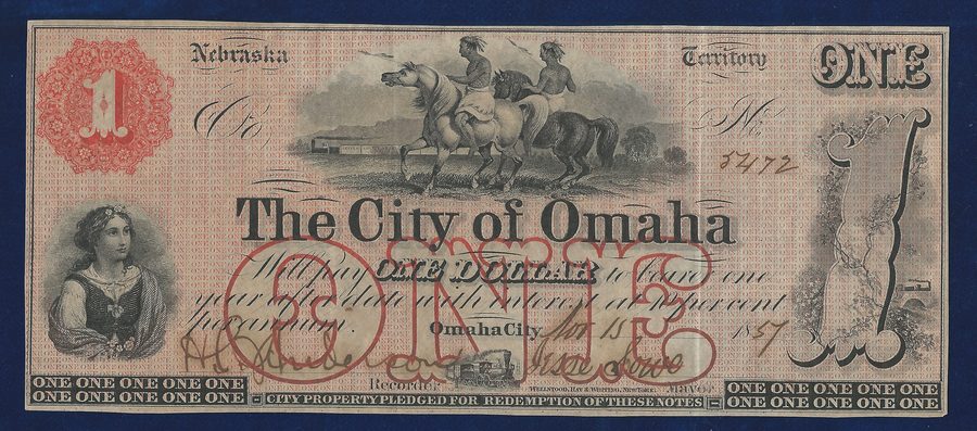 1857 banknote from the City of Omaha, Nebraska Territory, depicting Native Americans and a railway train