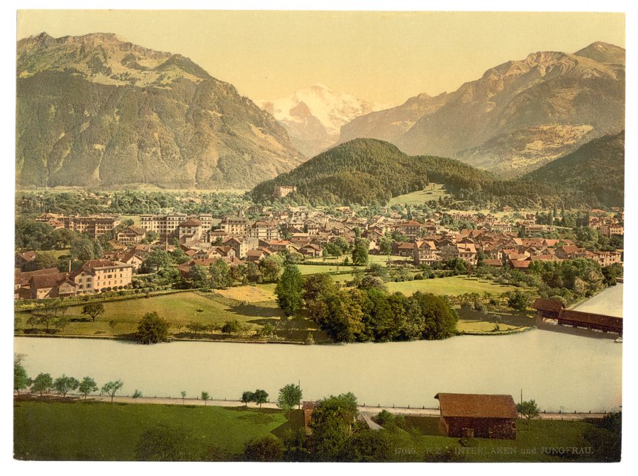 View of Interlaken with the Aare in the foreground and the Jungfrau in the background