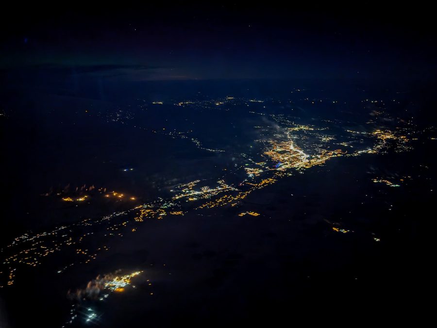 Night aerial view of the Animas and San Juan rivers meeting in Farmington, New Mexico