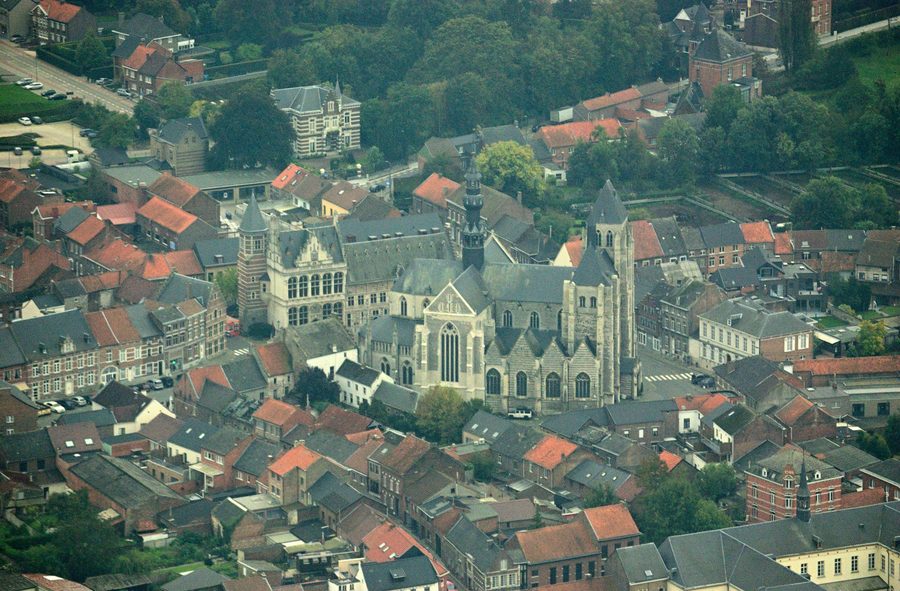 Aerial view of the center of Zoutleeuw with the town hall and Sint-Leonarduskerk
