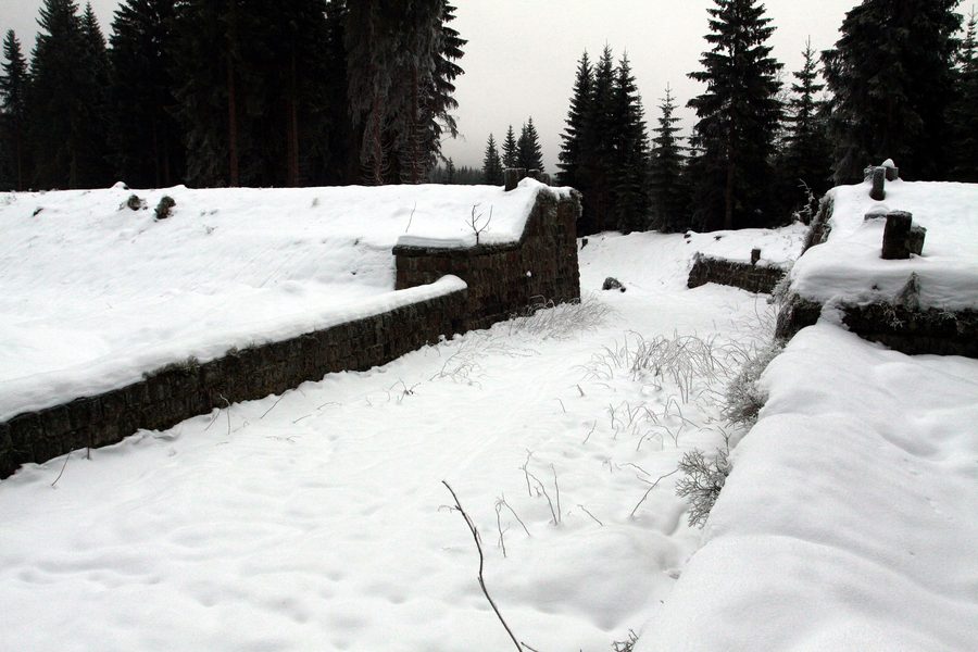 Desná-Stausee an der Bílá Desná im Winter in der Region Liberecký