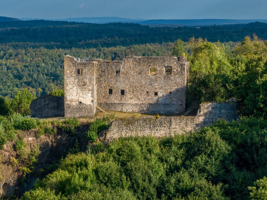 Aerial view of the ruins of Weißenbrunn Castle near Bramberg in the Haßberge