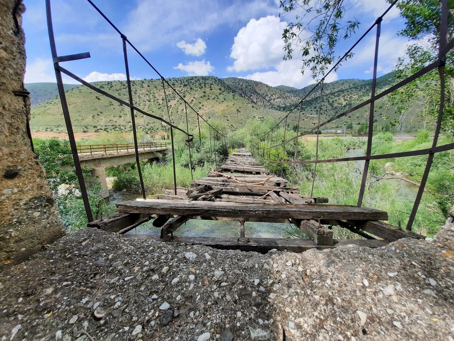 Old suspension bridge in the village of Gençosman on the Çoruh River near Bayburt