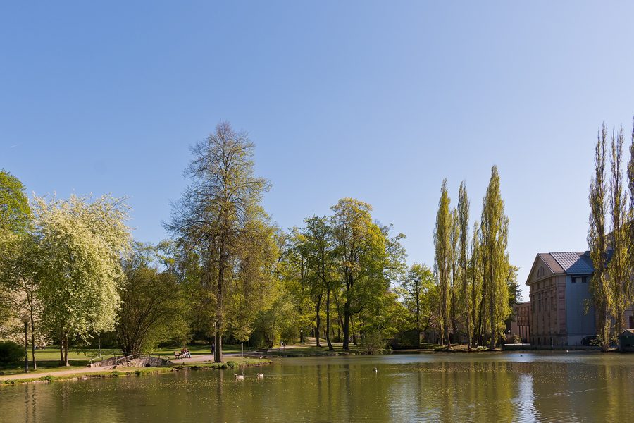 View of the ice pond in the English Garden in Meiningen