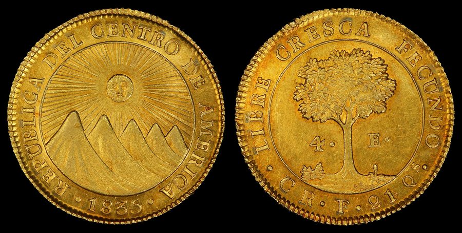 A historical coin with the inscription „Federal Republic of Central America“ and the year 1835.