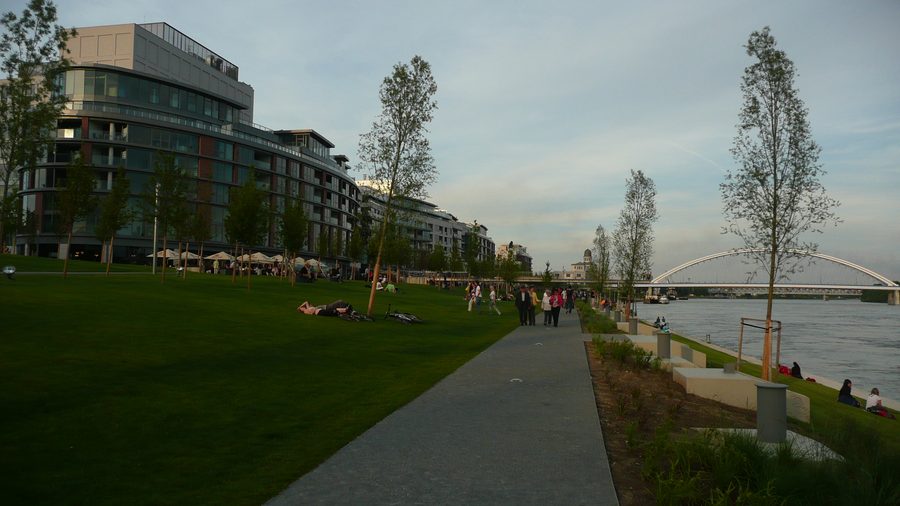 A riverside promenade along the Danube in Bratislava.