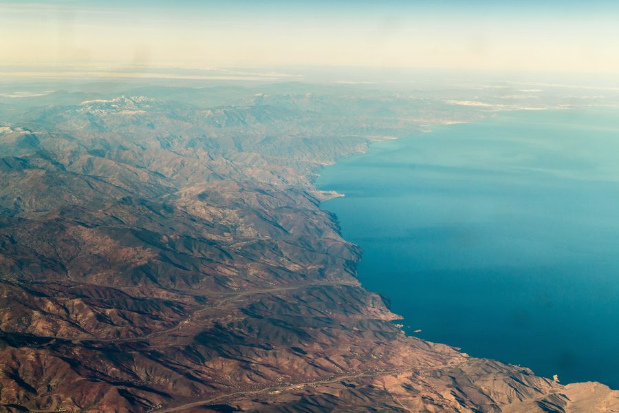 Aerial view of the Moroccan Mediterranean coast from Bades over El Jebha to Tétouan, with the Rif mountains