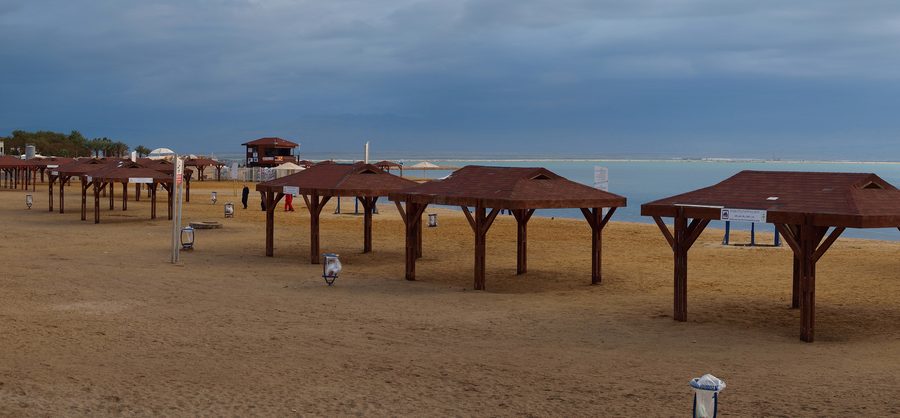 Dead Sea shoreline at Ein Bokek with desert mountains in the background