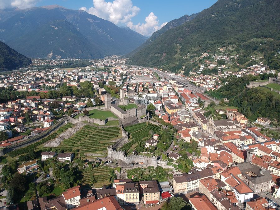 Aerial view of Bellinzona’s old town with Castelgrande