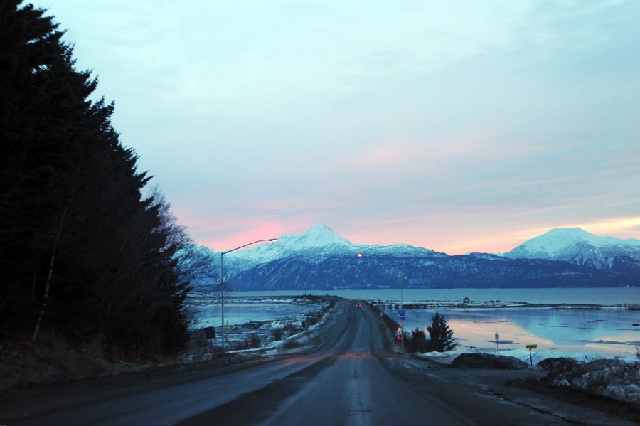 Road at the southern end of Sterling Highway on the way to Homer Spit in Alaska