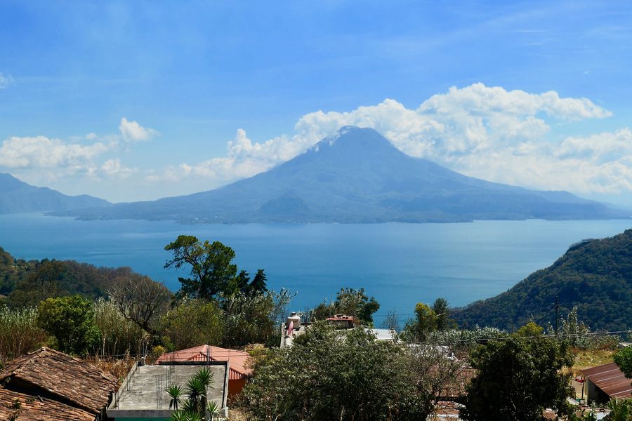 Lake Atitlán with volcanoes and lakeside towns