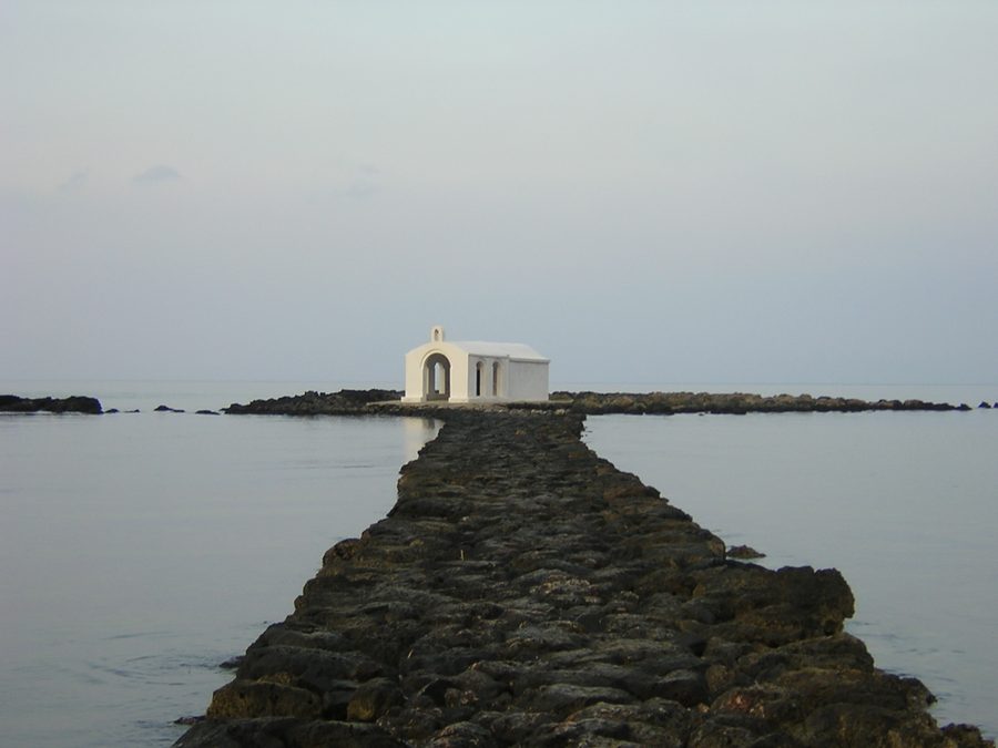 Chapel and islet of Agios Nikolaos in Georgioupoli, Crete, Greece