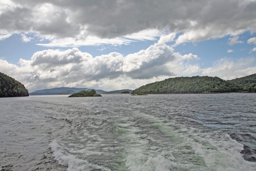 Lake Manapouri with mountains and a forested shoreline in Southland