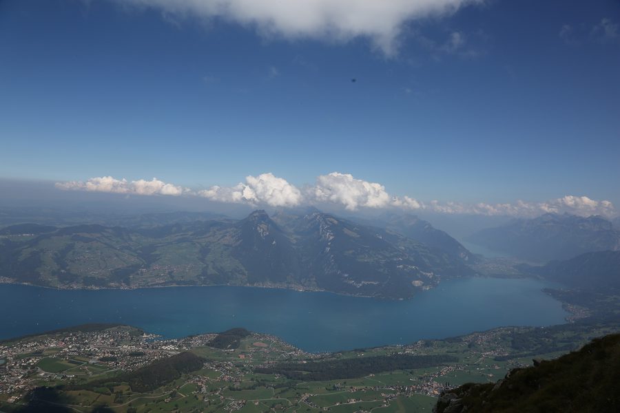 View of Lake Thun, Lake Brienz, and Interlaken from alpine heights