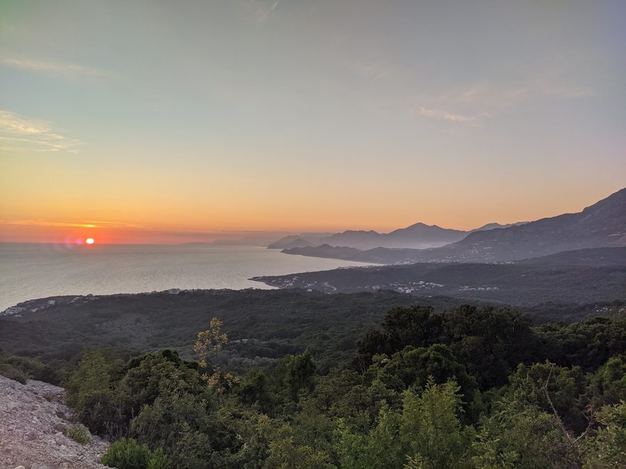 Mozura wind park on the Adriatic coast in the municipality of Bar at sunset