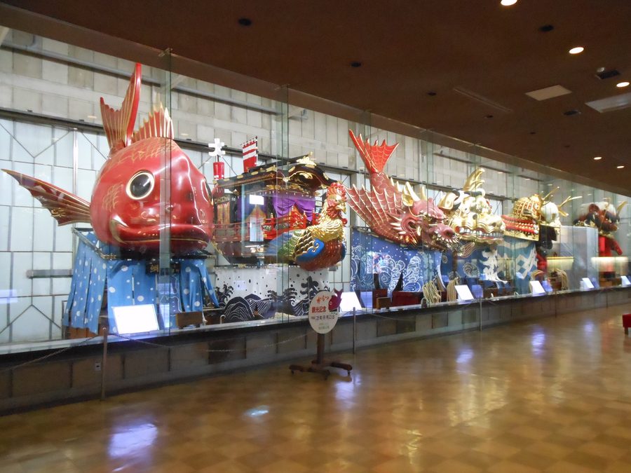 Displayed Hikiyama floats of Karatsu Kunchi in the exhibition hall of Karatsu