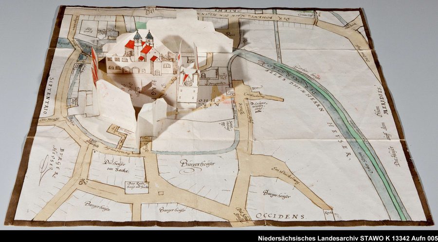 Historic three-dimensional depiction of Burgplatz with the cathedral and other buildings in Braunschweig