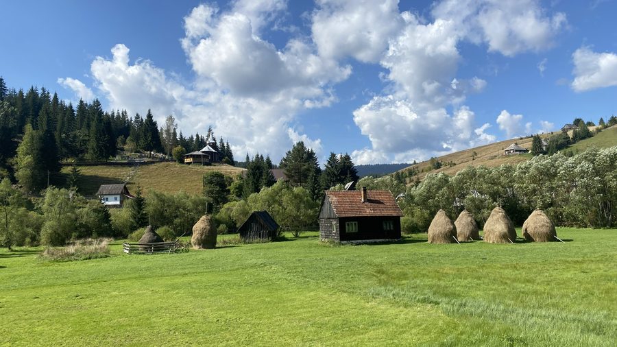 Village of Poiana Horea with haystacks, church, and cemetery in the Apuseni Mountains