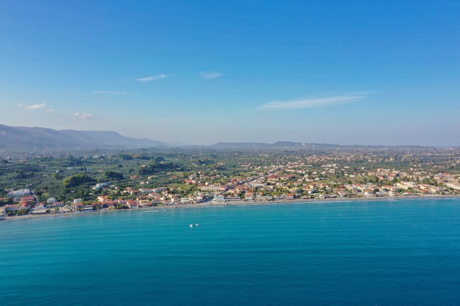 Laganas Beach Bay on Zakynthos with sandy beach and coastline