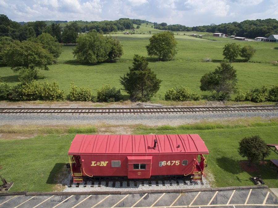 Aerial view of the caboose and Preservation Park in Thompson's Station, Tennessee
