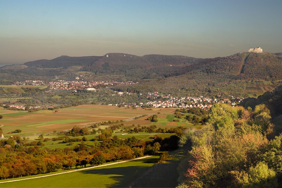 View across the Albtrauf escarpment with Hohenneuffen Castle