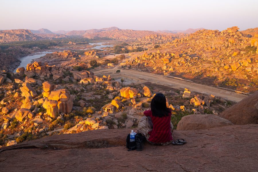 Historic granite rock landscape of Hampi at sunset, seen from Matanga Hill