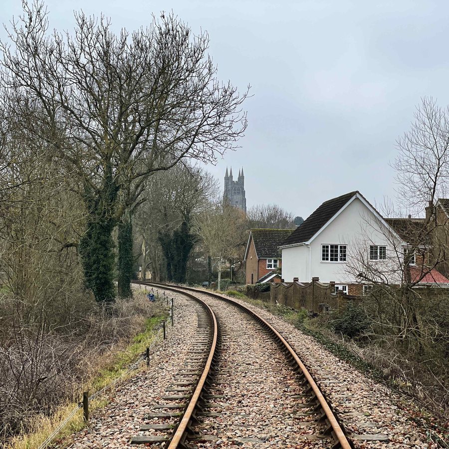 Kent and East Sussex Railway train travelling towards Tenterden through the countryside